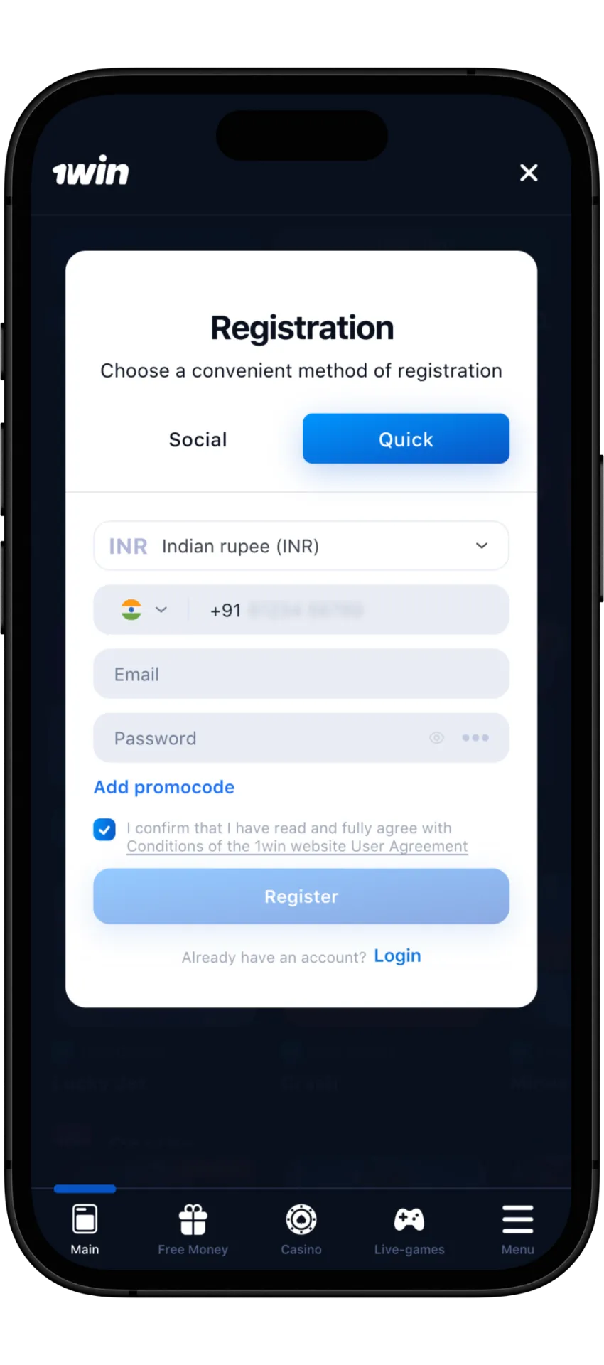 Before installing the app, create an account on the wowbet website.