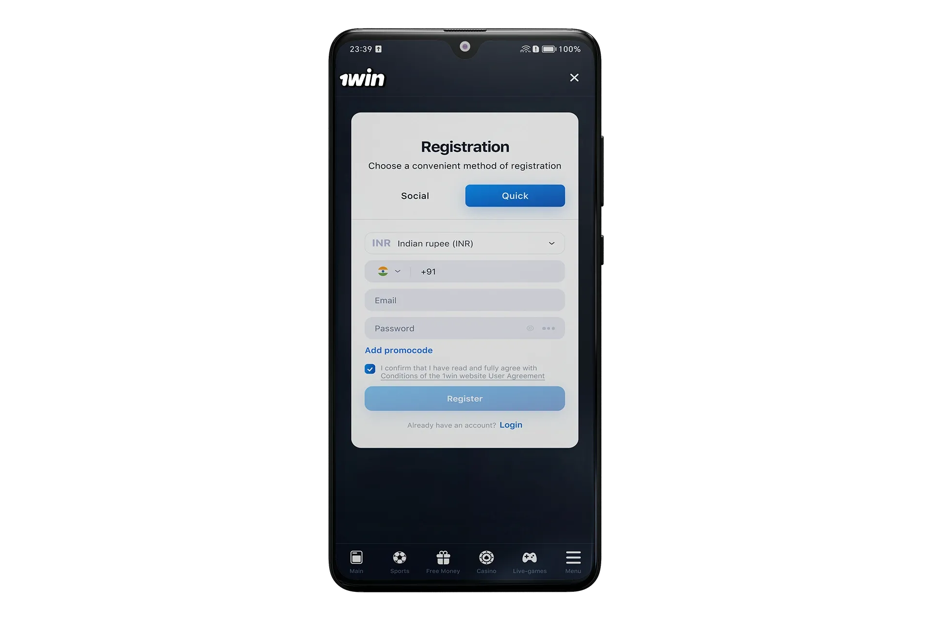Register an account in the wowbet app.