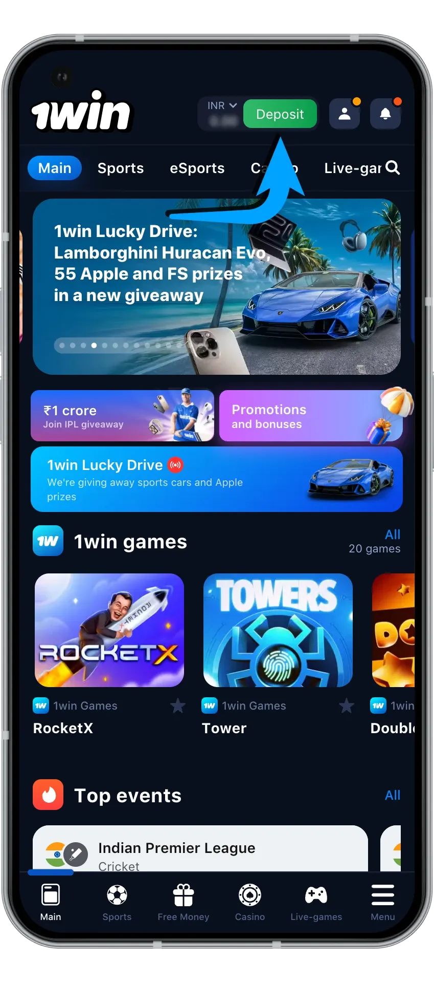 Simple instructions for finding the deposit section at wowbet casino.