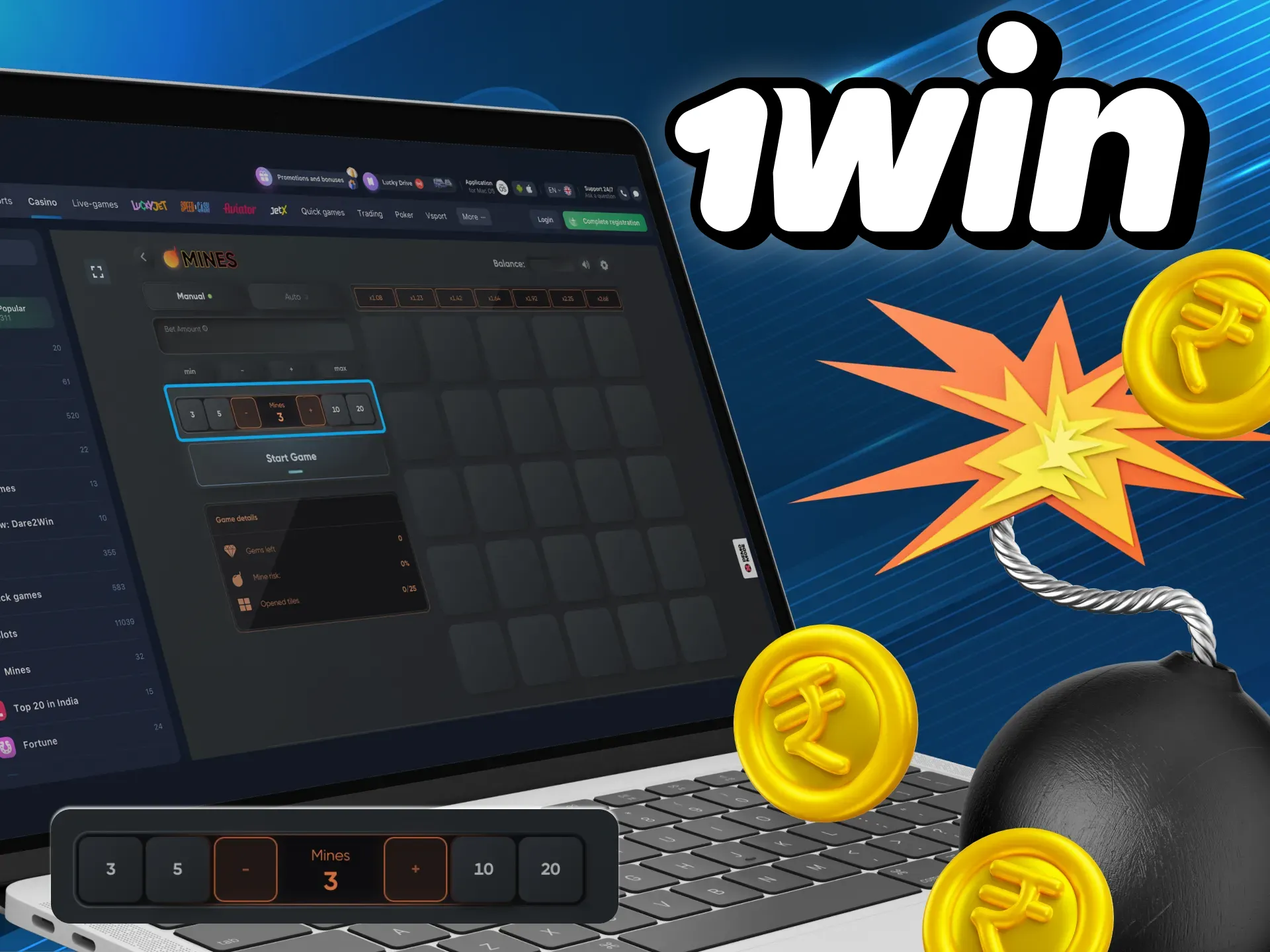 Specify how many mines will be on the field in mines games in the wowbet online casino.